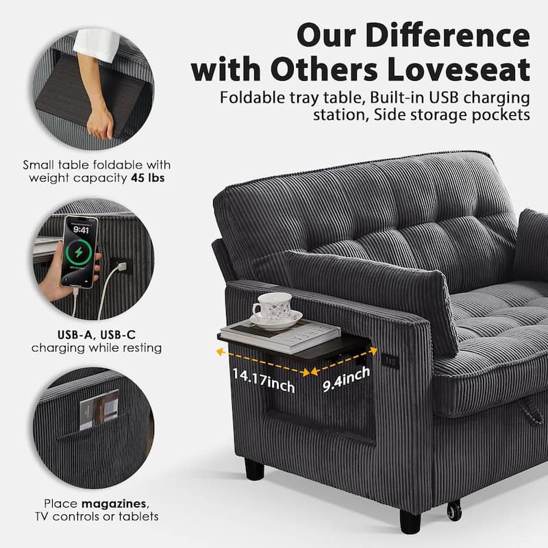 Sleeper Sofa Bed, 52" Convertible Pull Out Couch with Small Table,USB Port,Side Pockets,Corduroy Fabric,Adjustable Backrest