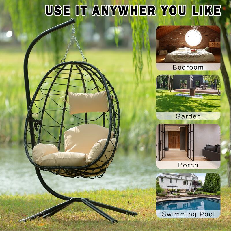 Rattan Hanging Chair with Stand & Cushion