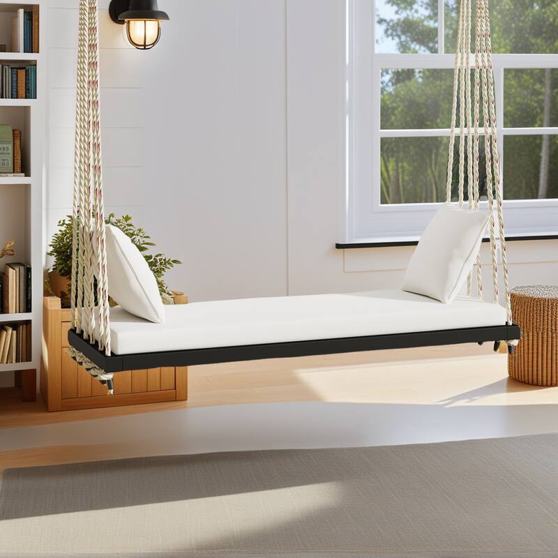 Acacia Wood Swing Chair, Hanging Porch Bench with Cushion & Pillows, 400lb Capacity & 10.8ft Ropes