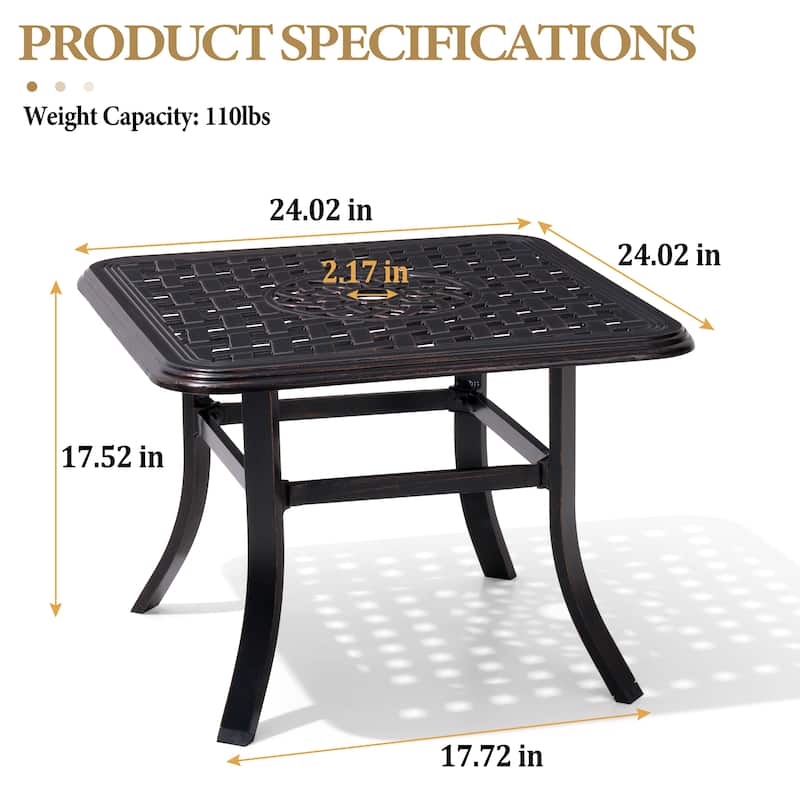 Cast Aluminum Patio Side Table Outdoor Square Table with Umbrella Hole - 24.02" L x 24.02" W x 17.52" H