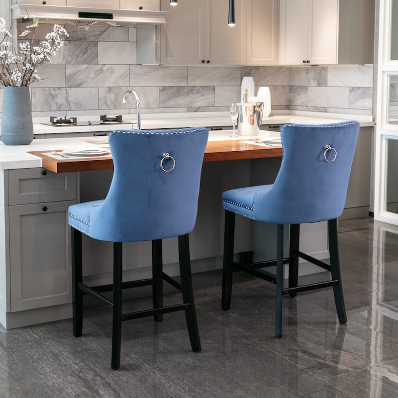 Velvet Bar Chairs Set of 2, Counter Height Bar Stools with Button Decor and Nailhead Trim, Dining Room Chairs with Back