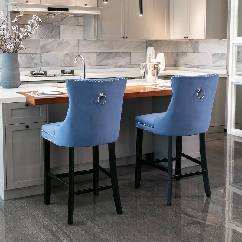 Velvet Upholstered Barstools Tufted High Back Bar Stool with Nailhead Trim Wood Legs Lounge Bar Stool Set of 2