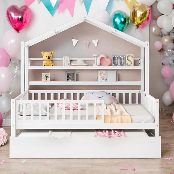 slide 2 of 35, Modern Full Size House Bed Kids Bed with Twin Size Trundle and Shelf,Playhouse Design White