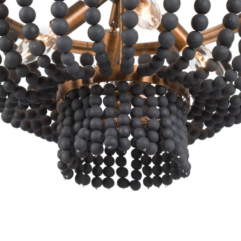 Mid-century Modern Distressed Black Gold Wood Beaded Drum Chandelier 4-Light Kitchen Island Lighting Bedroom