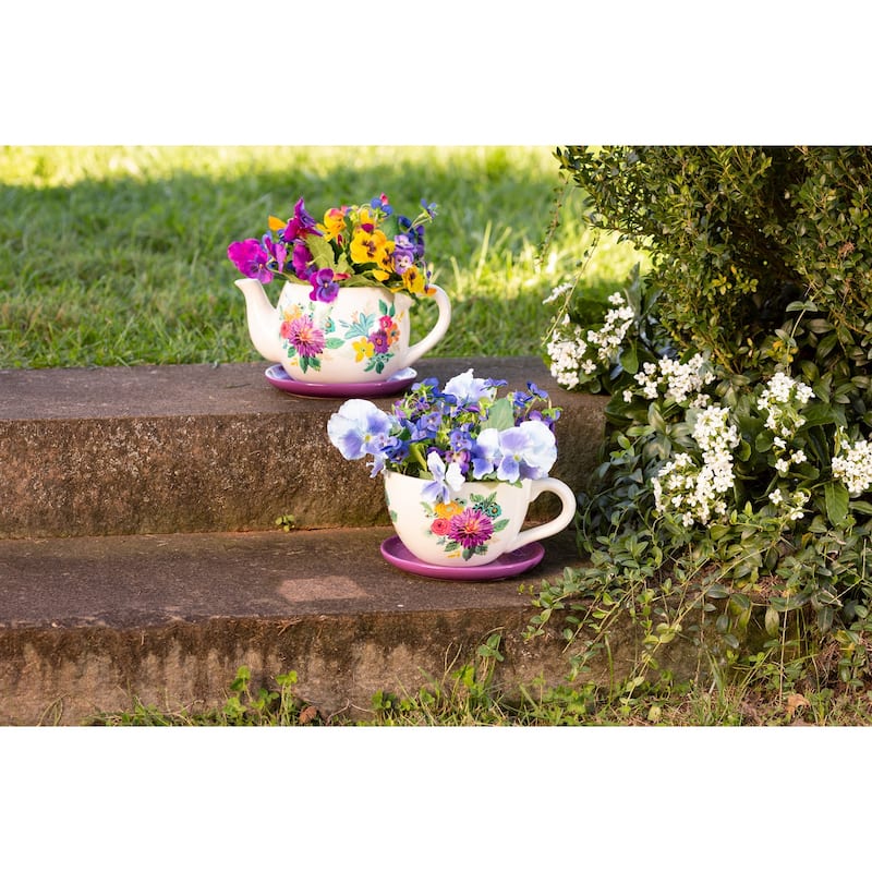 Floral Indoor/Outdoor Purple Ceramic Tea Pot Planter with Saucer