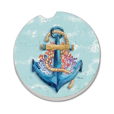 Submerged Anchor 2 Pack Absorbent Stone Coaster for Vehicle Cup Holder 2.6” Diameter Manufactured in The USA