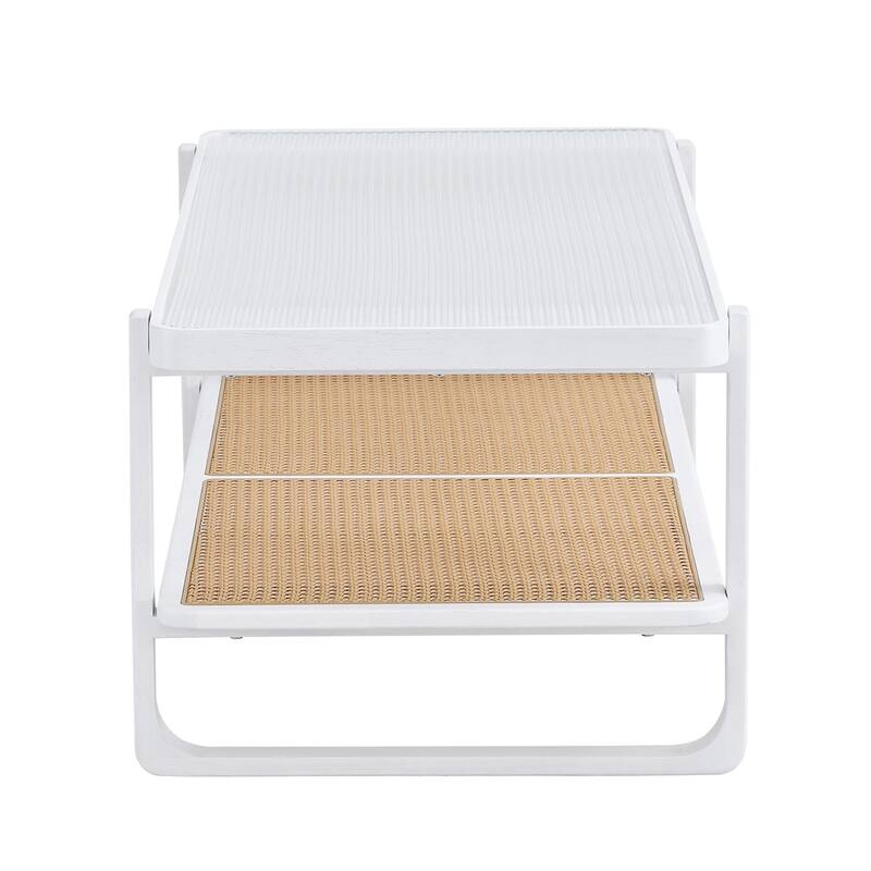 Minimalist White Double Layered Solid Wood Coffee Table Glass Tabletop