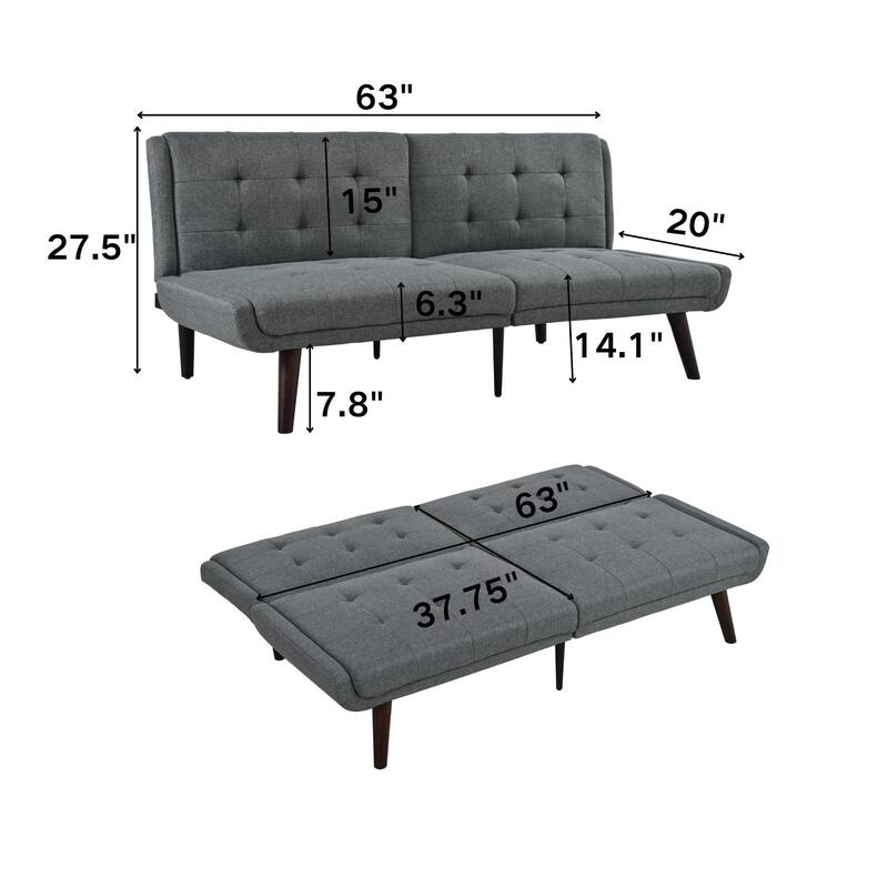 2-Seater Sofa Bed Grey Convertible Sofa Bed with 5-Position Adjustable Backrest, 63" Loveseat Sleeper Sofa Couch