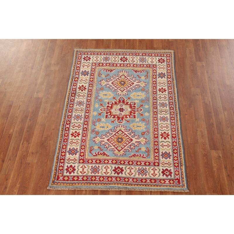 Light Blue Kazak Accent Rug Hand-Knotted Geometric Wool Carpet - 3'4"x 4'11"