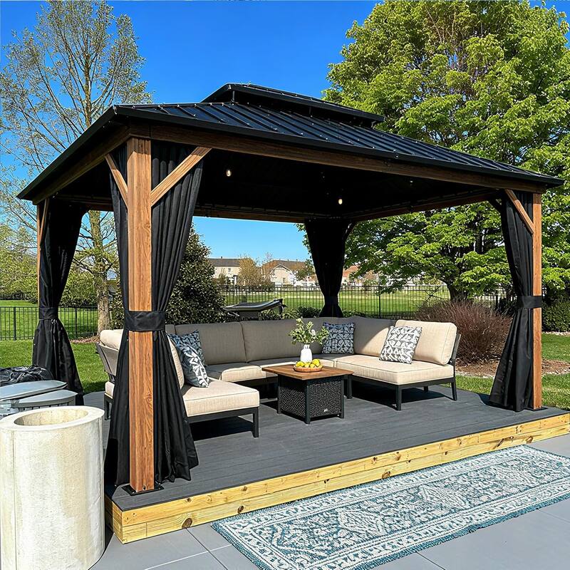 PURPLE LEAF Patio Hardtop Gazebo for Outdoor Wood Grain Aluminum Frame Galvanized Steel Double Roof and Backyard Garden