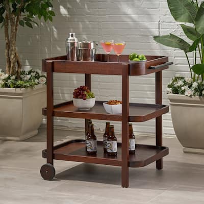 Roomfitters Wooden Rolling Bar Cart with Three-Tier Storage, Versatile Serving Trolley for Kitchen and Dining, Dark Brown