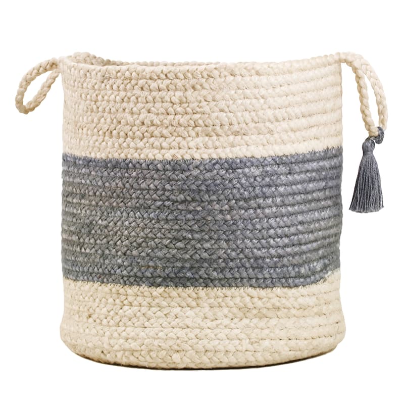 Sevita Bold Striped Off-White Jute Decorative Storage Basket with Handles