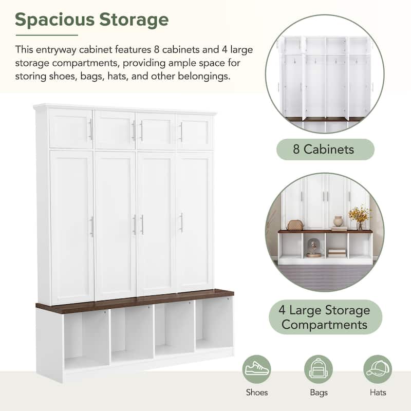 Hall Tree Storage Cabinet with 4 Hidden Hooks, Bench, and Open Compartments