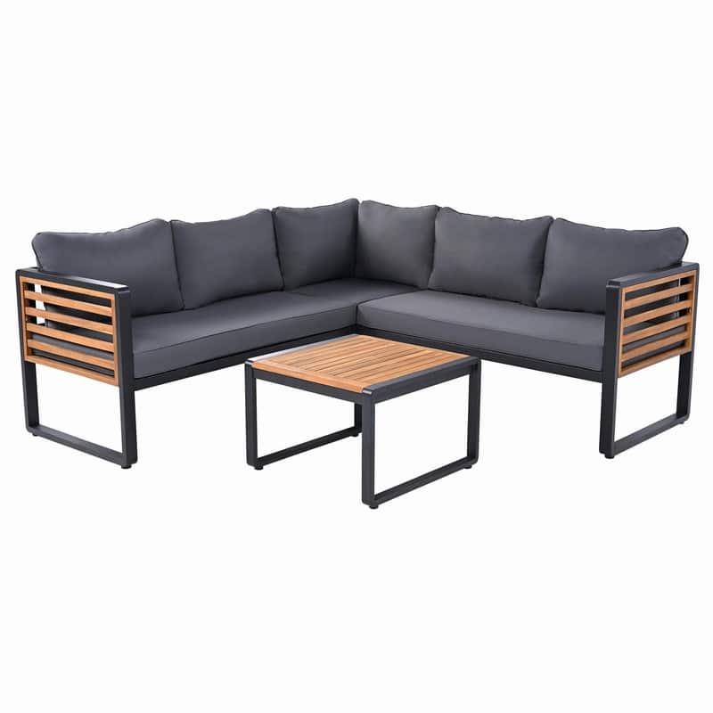 4-Piece L-Shaped Outdoor Patio Sectional Sofa Set with Metal and Wood Frame and Soft Cushions for Comfortable Seating
