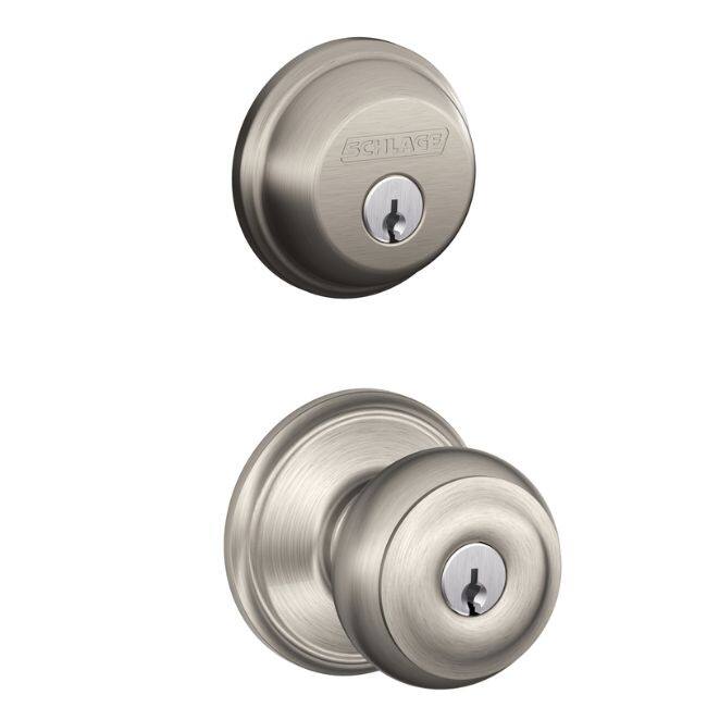 Schlage FB50NVGEO619 Georgian Satin Nickel Keyed Knob Front Entry Set - Silver