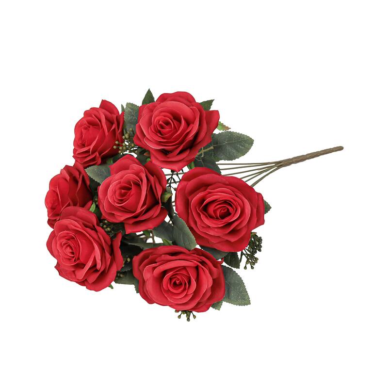 Set of 2 Red Artificial Queen Tea Rose Flower Stem Bush Bouquet 17in - 17" L x 9" W x 9" DP