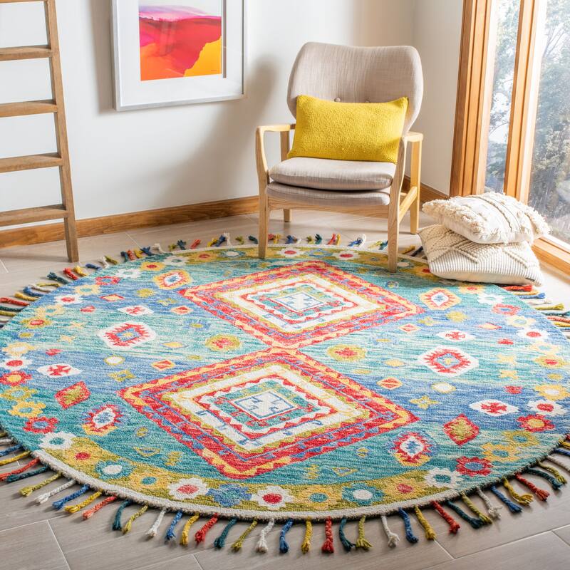 SAFAVIEH Handmade Aspen Impi & Eclectic Tribal Wool Rug - 7' Round - Green/Red