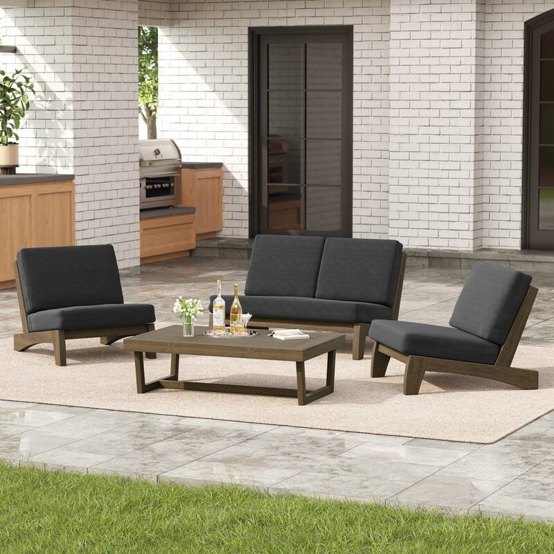 4 Set Outdoor Patio Teak Wood Club Chairs Loveseat with Cushion - Dark Grey - NaturalFrame