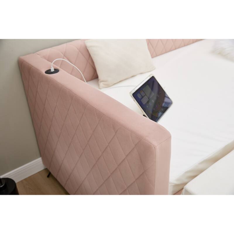 Twin Size Upholstered Daybed with Trundle, Velvet Sofa Bed with USB Port & Side Pockets, Modern V-Grained Backrest Guest Bed