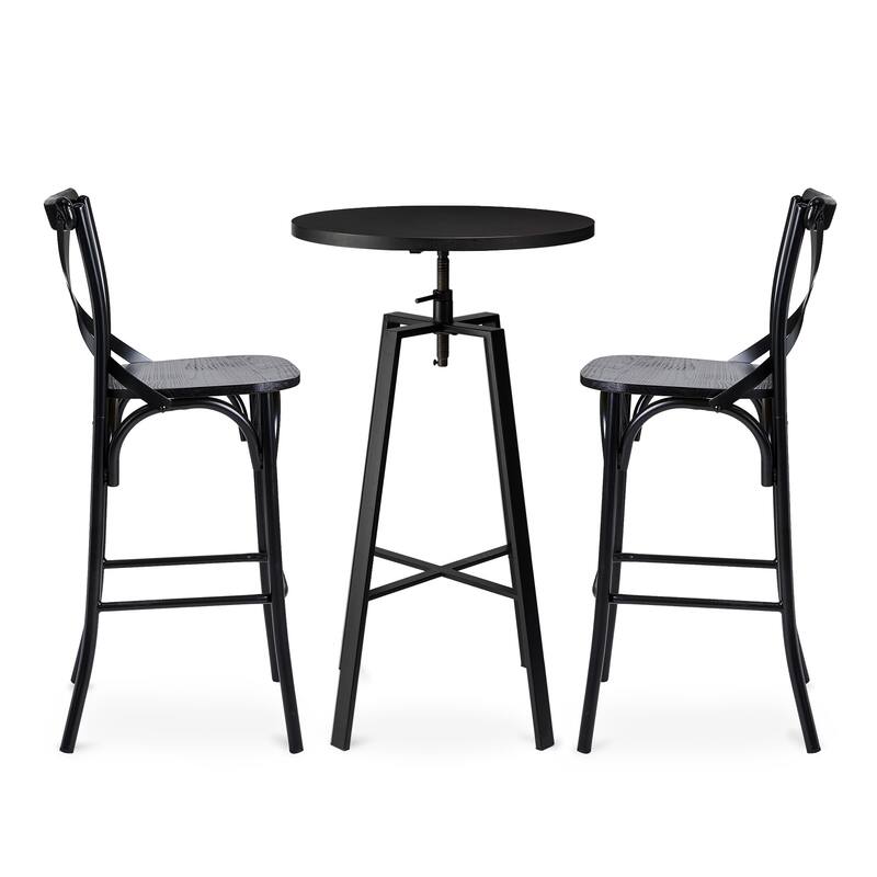 Glitzhome Industrial Modern Adjustable Bar Table Rustic Steel 3-Piece Pub Sets
