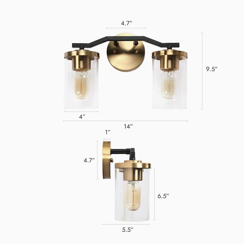 Modern Farmhouse 2-Light Black Gold Bathroom Vanity Light Dimmable Wall Sconces with Cylinder Glass - 14'' L x 5.5'' W x 9.5'' H