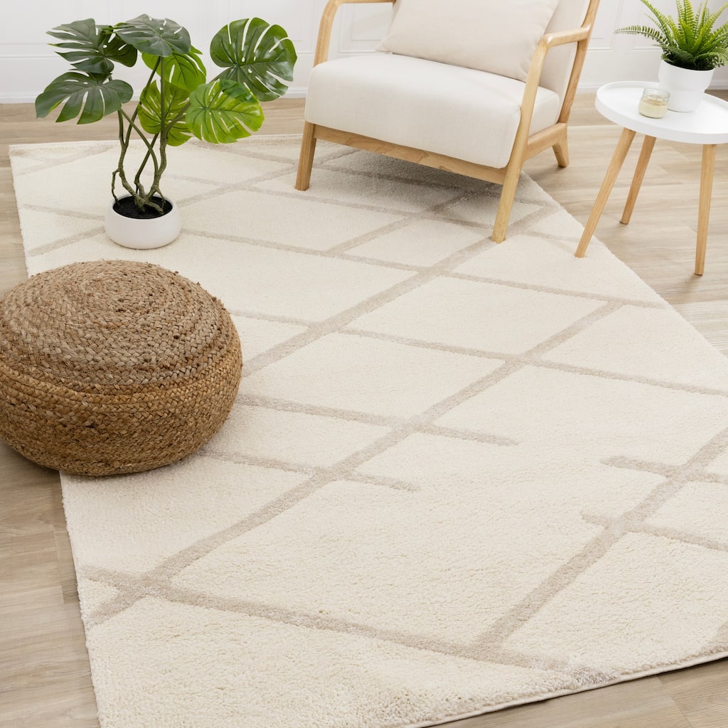 Sutton Collection - Plush Polyester Cream Beige Lattice Area Rug
