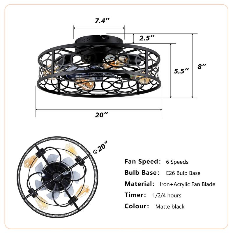 20" Low Profile Caged Ceiling Fans with Remote Control, NOT Included Bulbs