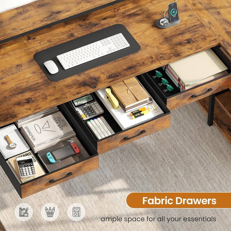 55" L Shaped Gaming Desk Corner Computer Desk Fabric Drawers