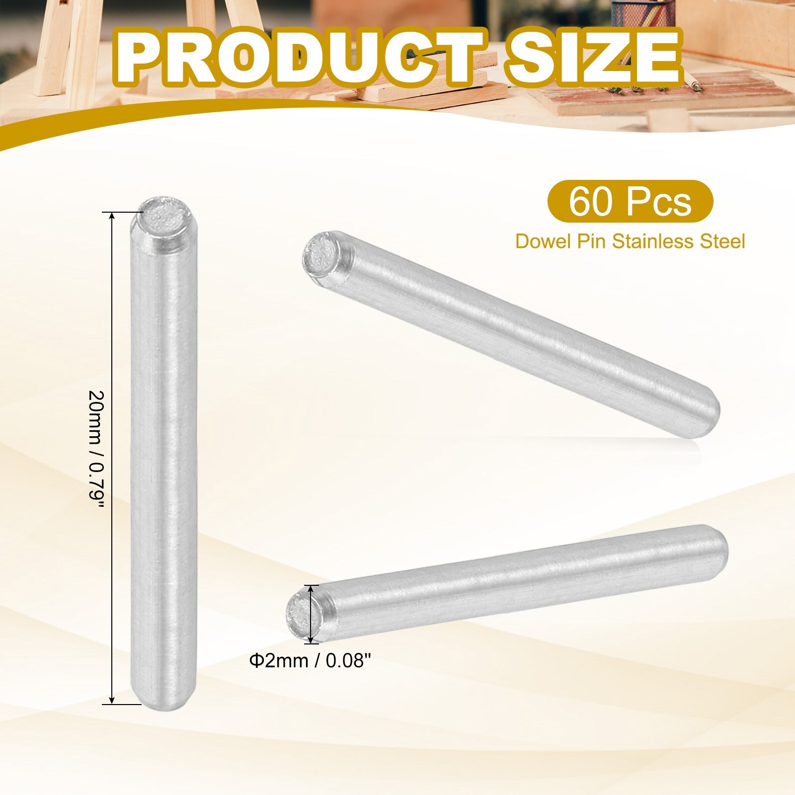 2mm x 10mm Dowel Pin 304 Stainless Steel 60 Pcs Metal Dowel for Shelves Silver