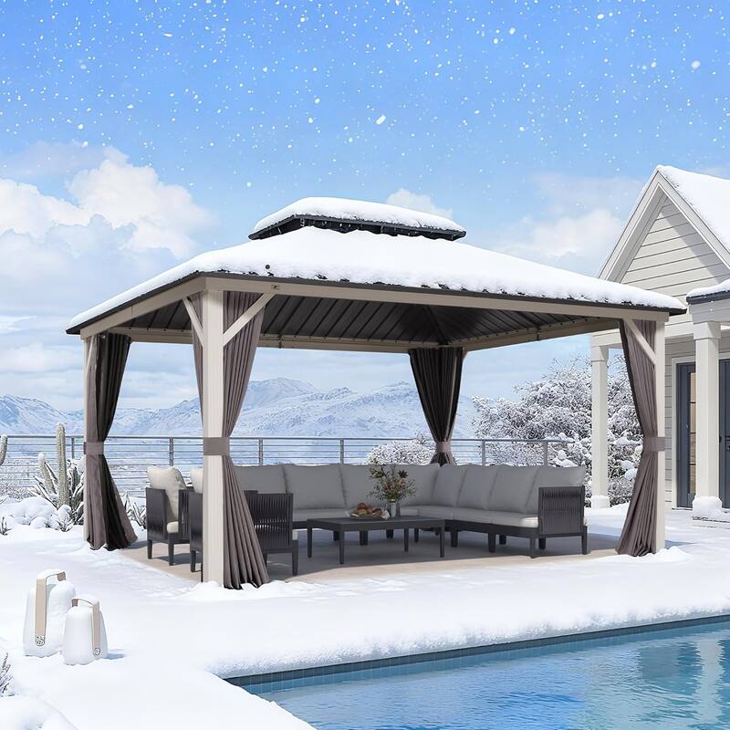 PURPLE LEAF Patio Hardtop Gazebo for Outdoor Grey Galvanized Steel Double Roof White Aluminum Poles - 12' x 14' - Grey