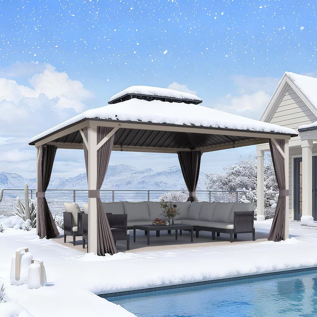 PURPLE LEAF Patio Hardtop Gazebo for Outdoor Grey Galvanized Steel Double Roof White Aluminum Poles