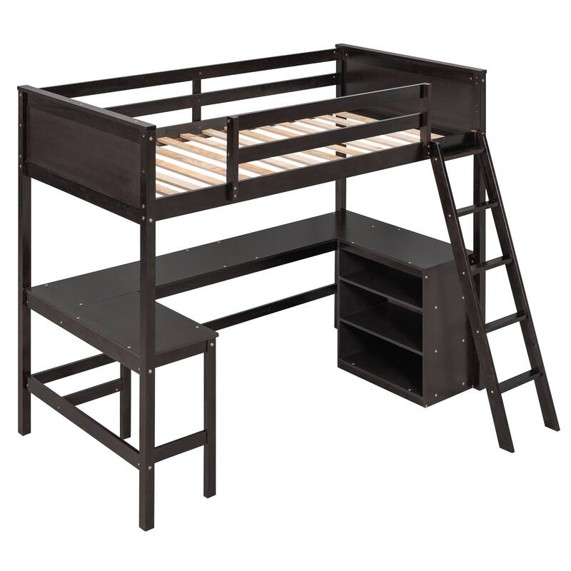 Wood Twin Loft Bed with Desk, Shelves, MultiFunctional Design Bed