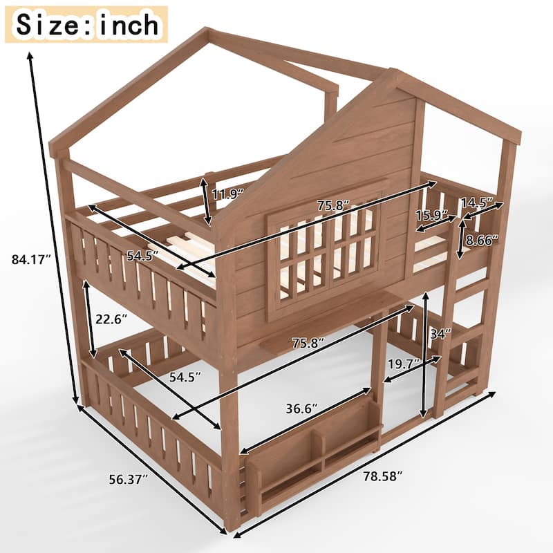 Full/Twin Bunk Bed with Bookshelf, House Design Loft Bed with Safety Fencing, High-Quality Kids Bed Frame