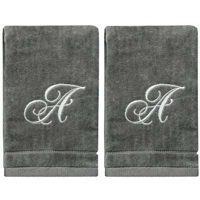 Soft Velour Silver Monogrammed Towels Fingertip - Set of 2