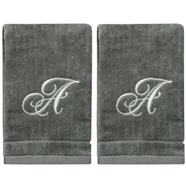 Soft Velour Silver Monogrammed Towels Fingertip - Set of 2