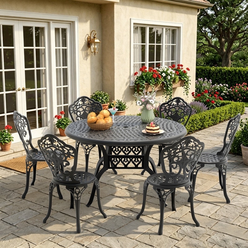 6 Black Cast Aluminum Chairs and 48.03 Inch Round Table with Umbrella Hole, 7 Piece Outdoor Dining Set for Backyard
