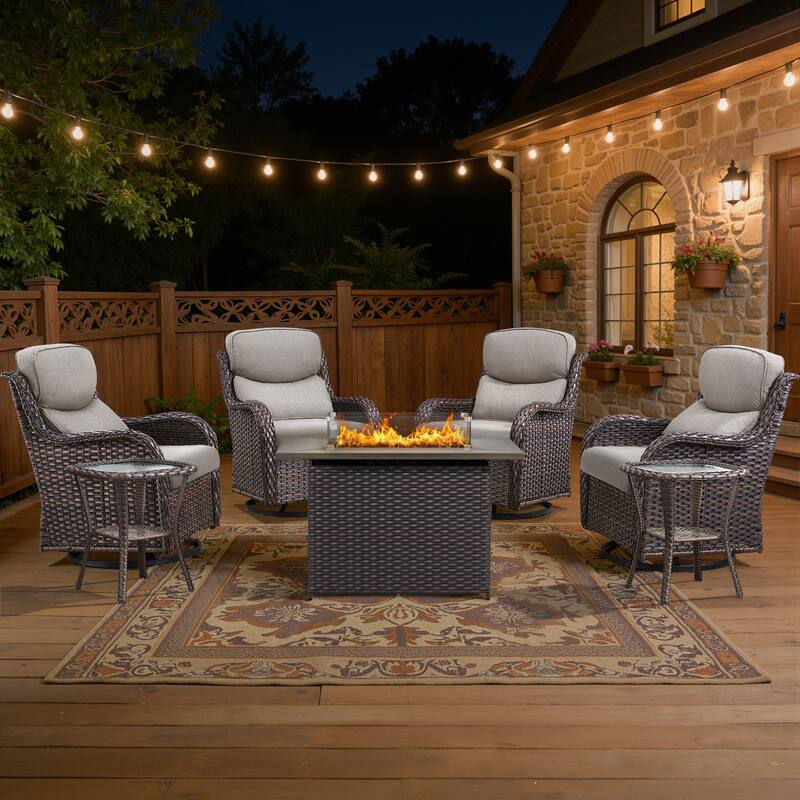 Meyreso 7-Piece Outdoor Patio Wicker Fire Pit 4 person Conversation Set with 5-Inch Thick Cushions - Beige Cushions - Brown Wicker