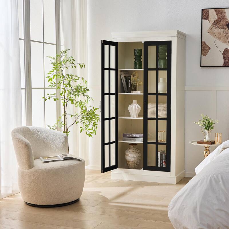 Farmhouse Glass Curio Cabinet - 71" Tall with Adjustable Shelves