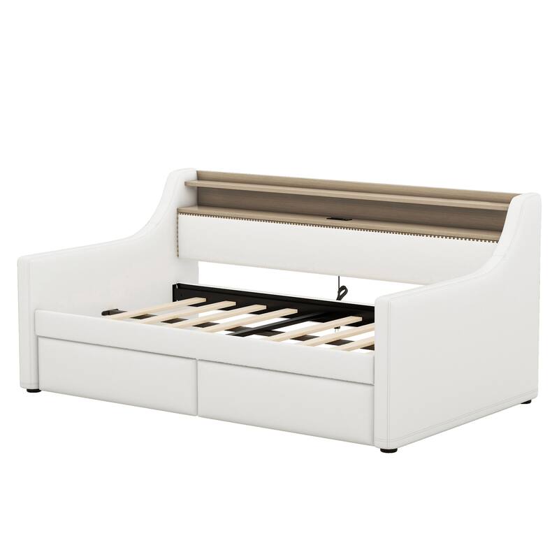 Twin Size Daybed with Storage Drawers, LED Lights, Charging Station, and Upholstered Design