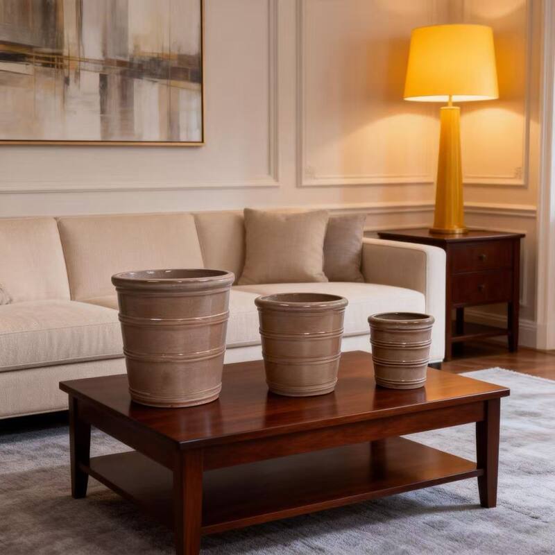 Handmade Glazed Ceramic Planter Set of 3, 16/13/10 Inch Diameter, Horizontal Rib Design - taupe