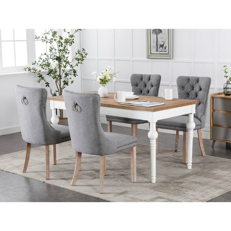 Set of 2 Linen Or Velvet Upholstered Dining Chairs with Nailhead Trim and Wooden Legs