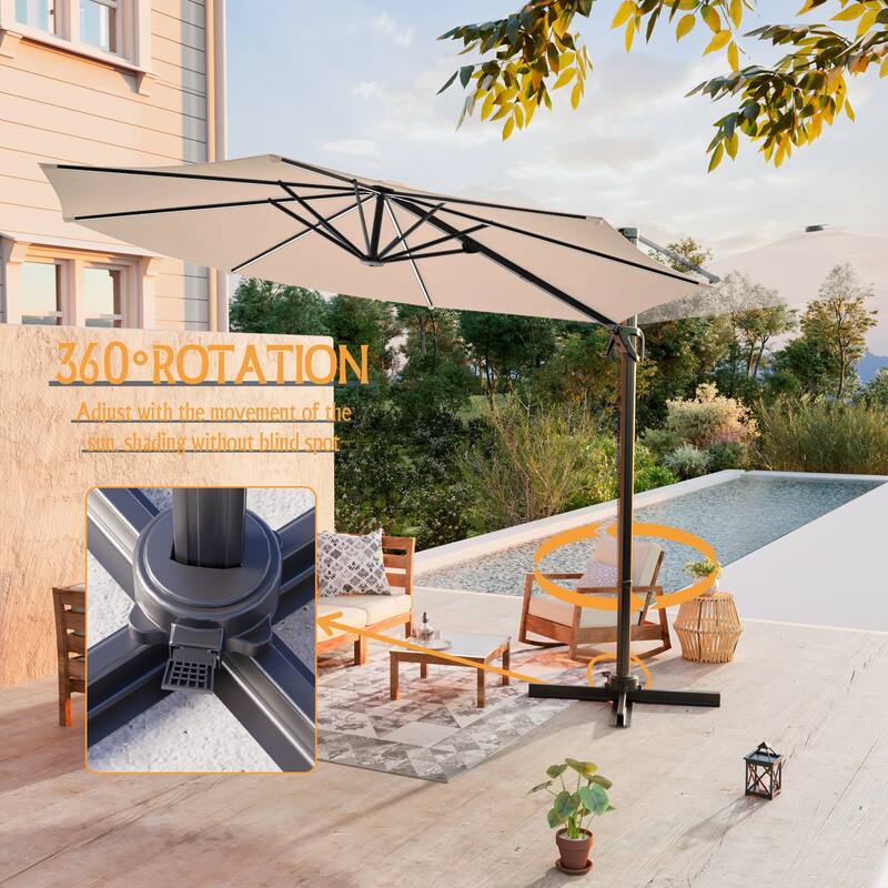 LIVOOSUN 10FT LED Round Cantilever Umbrella For Your Outdoor Space, Solution-Dyed Fabric, 360° Rotation System