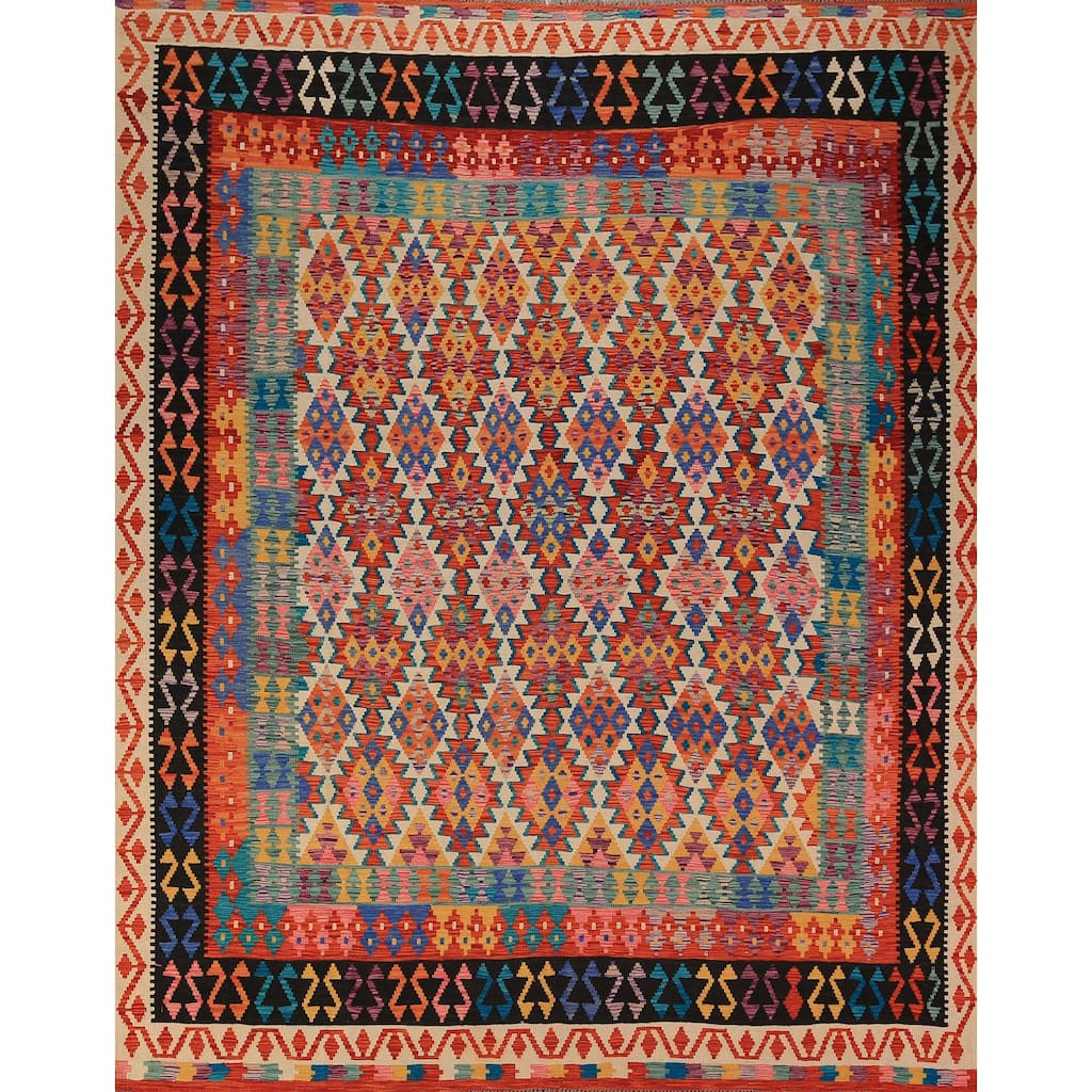 Reversible Kilim Area Rug Bedroom Hand-Woven Wool Carpet - 8'5" x 9'10"