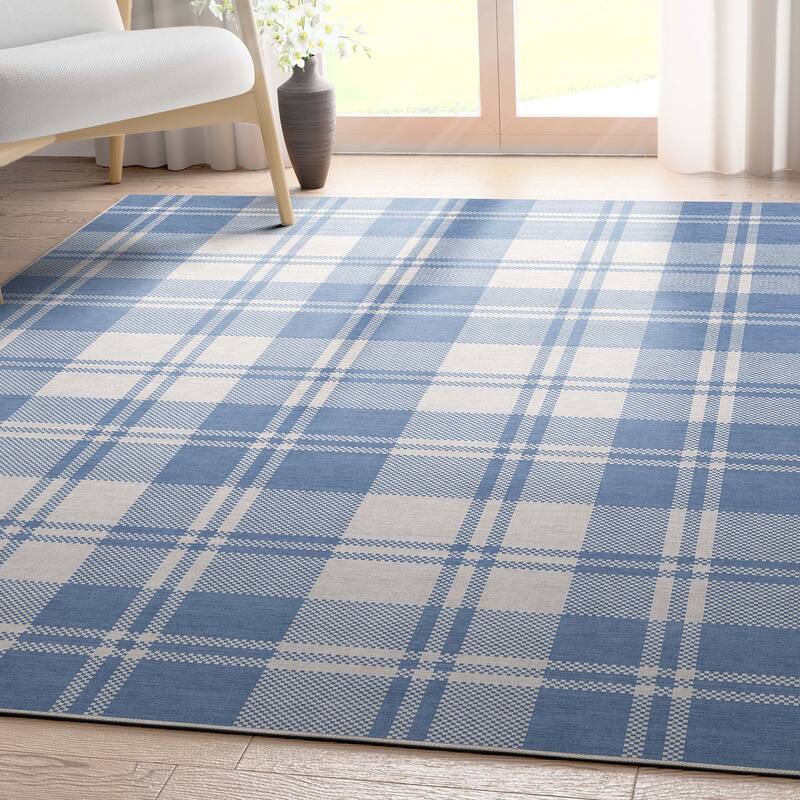 Well Woven Apollo Plaid Farmhouse Geometric FlatWeave Rug - 7' 7" x 9' 10" - Blue