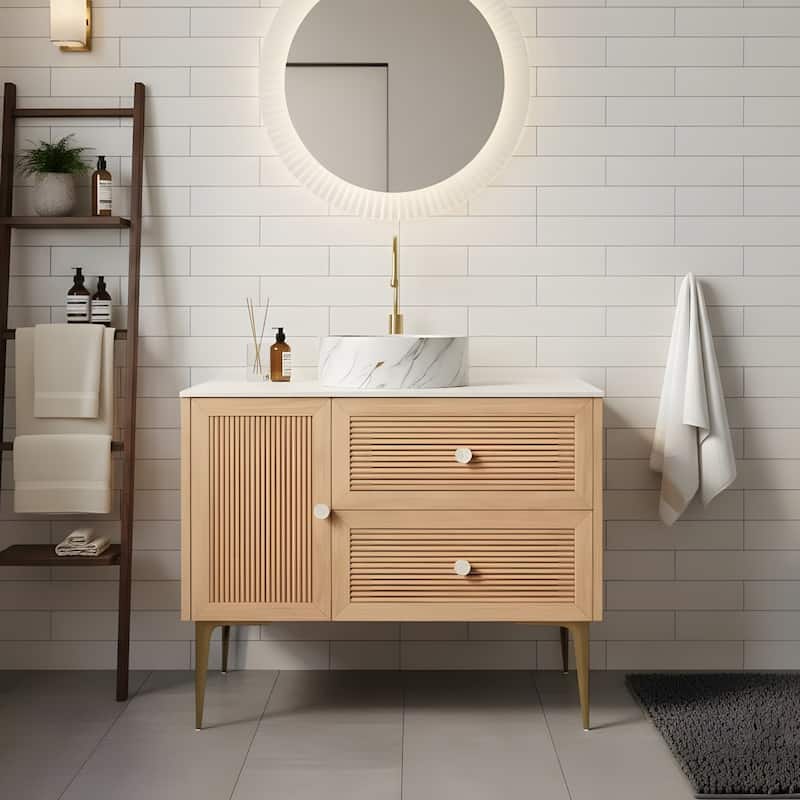 Freestanding Bathroom Vanity with Round Ceramic Basin - 36 - Oak+Stone White