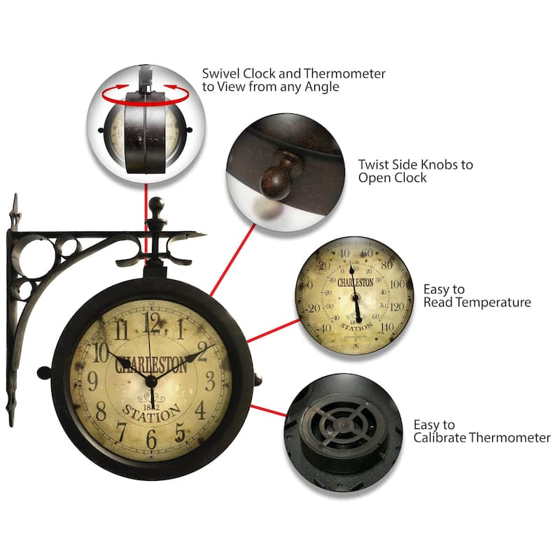 Charleston Indoor/Outdoor Wall Clock Thermometer - 12 x 3.5 x 11