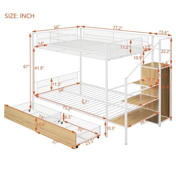 White Twin over Full Size Metal Bunk Bed with Drawer and Lateral Storage Ladder and Wardrobe