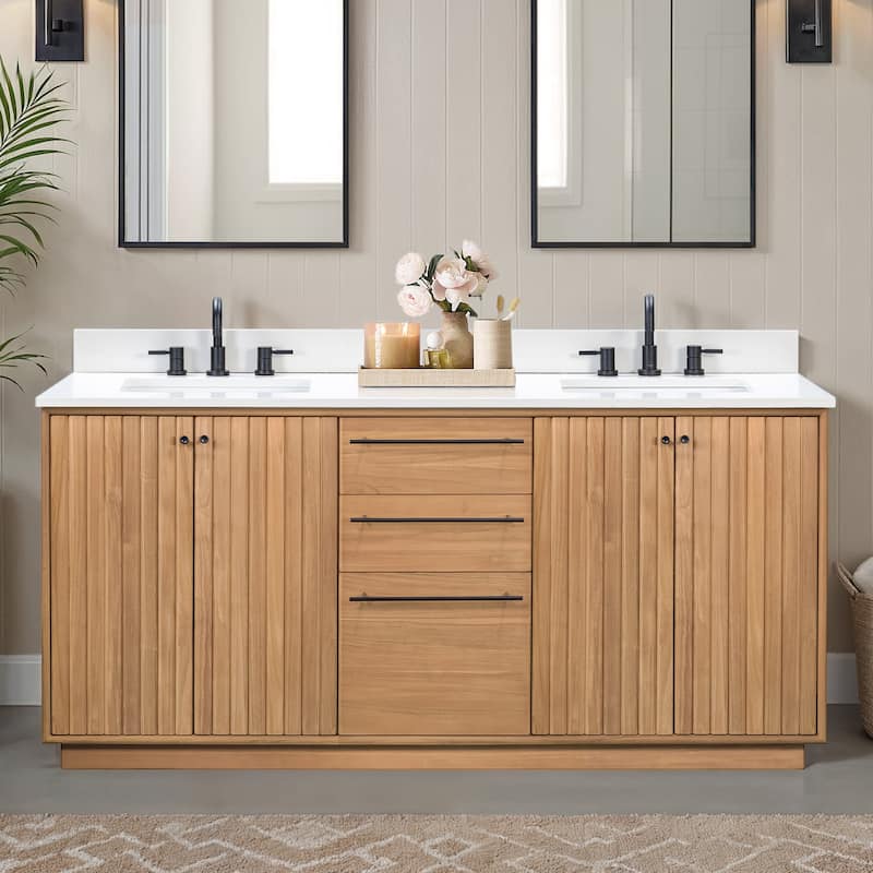 Avanity Parker Bathroom Vanity in Natural Teak with White Engineered Stone Top - 73" Double Sink