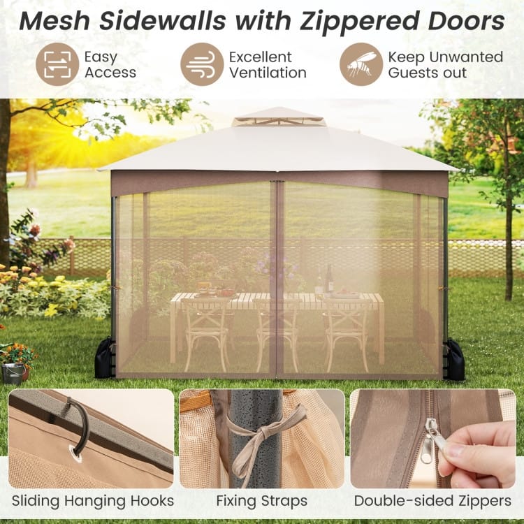 Outdoor Patio Gazebo with Double Roof, Removable Mesh Sidewalls & Sandbags - 144 x 120 x 114 inches (L x W x H)