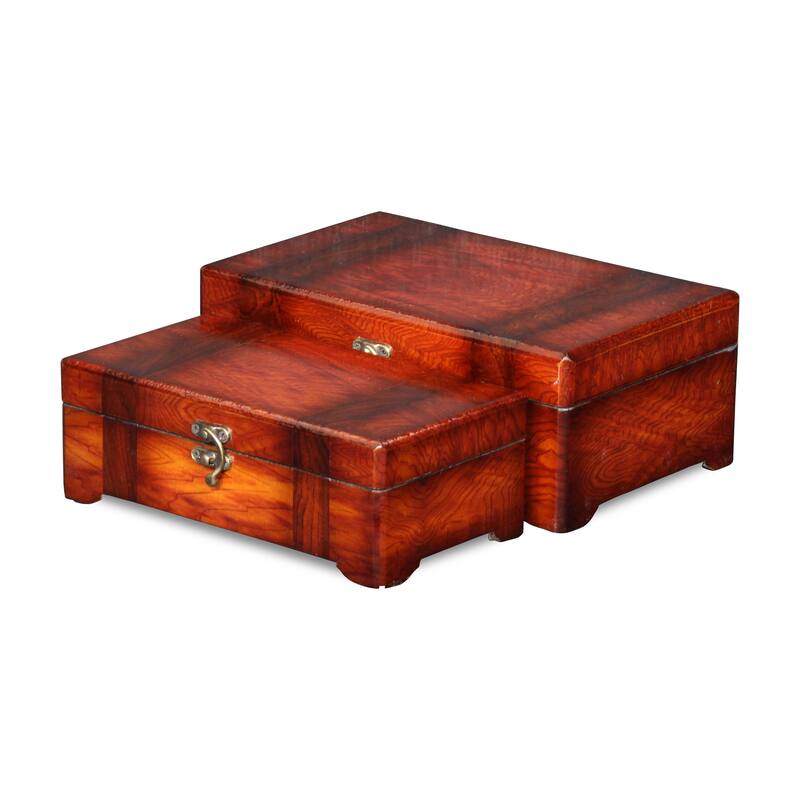 Brown Wooden Burlwood Veneer Storage Boxes (Set of 2)
